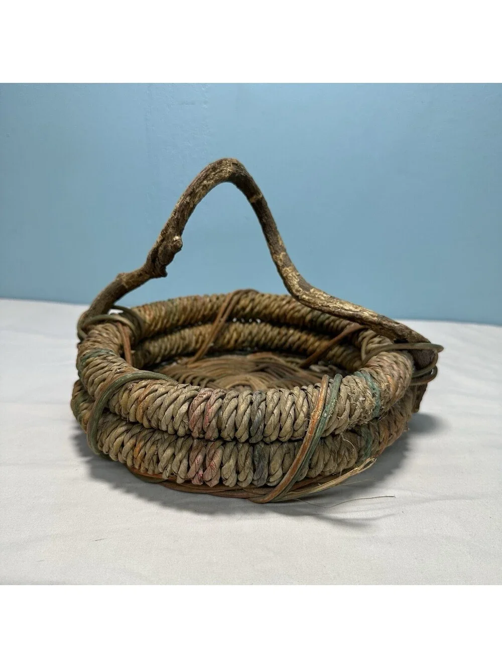Vintage Rustic Twig Handle Woven Basket Boho Gathering Vine Handle Coil Wicker